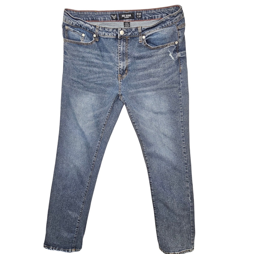 MBX Denim Mens 38x32 Medium Wash Distressed Straight Leg Jeans 141800M523